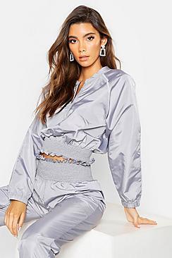Boohoo Shirred Crop Shell Suit Top