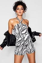Boohoo Robyn Zebra Print Twist Neck Playsuit