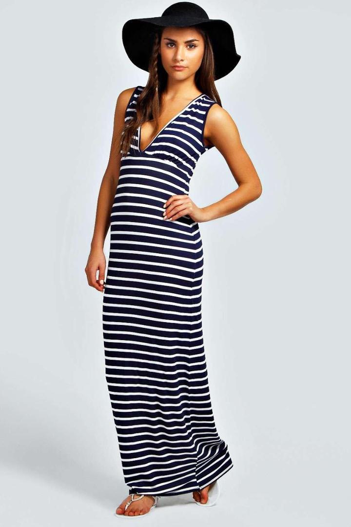Boohoo Petite Harriet Plunge Striped Jersey Maxi Dress Navy