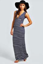 Boohoo Petite Harriet Plunge Striped Jersey Maxi Dress Navy
