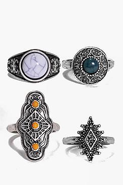 Boohoo Daisy 4 Piece Boho Stone Ring Pack