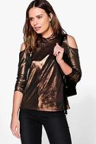 Boohoo Eleanor Metallic Knit Cold Shoulder Hoody