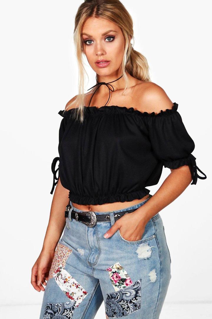 Boohoo Plus Nicola Ruffle Off The Shoulder Top Black