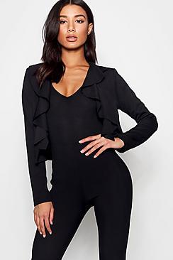Boohoo Mel Ruffle Neckline Short Blazer