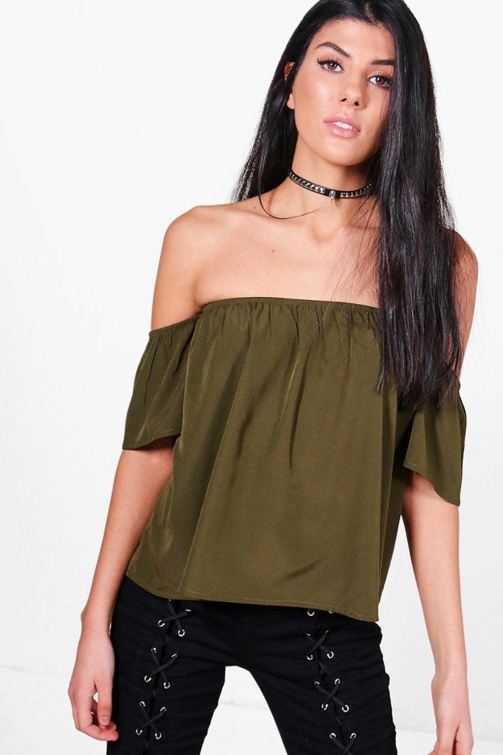 Boohoo Lizzie Woven Off The Shoulder Top Khaki
