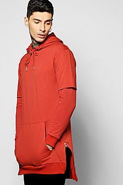 Boohoo Faux Layer Longline Hoodie With Side Zips