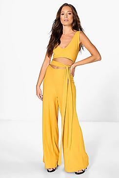 Boohoo Erin Tie Front Wide Leg Jumpsuit