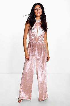Boohoo Emily Satin Split Front Wide Leg Jumpsuit