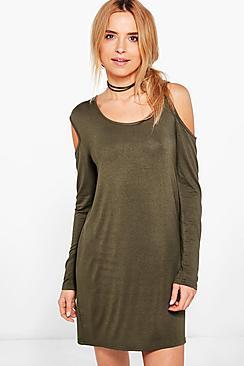 Boohoo Olive D-ring Detail Cold Shoulder Shift Dress