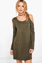 Boohoo Olive D-ring Detail Cold Shoulder Shift Dress