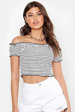 Boohoo Ruffle Hem Rib Stripe Off The Shoulder Crop