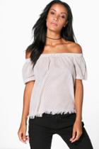 Boohoo Tanya Woven Stripe Raw Edge Off The Shoulder Top Cream