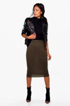 Boohoo Brea Basic Jersey Viscose Midi Skirt Khaki