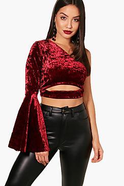 Boohoo Grace One Shoulder Flare  Sleeve Crop