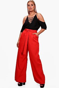 Boohoo Plus Tie Waist Wide Leg Woven Trouser