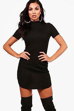 Boohoo Naveen Ribbed High Neck Shirred Bodycon Dress