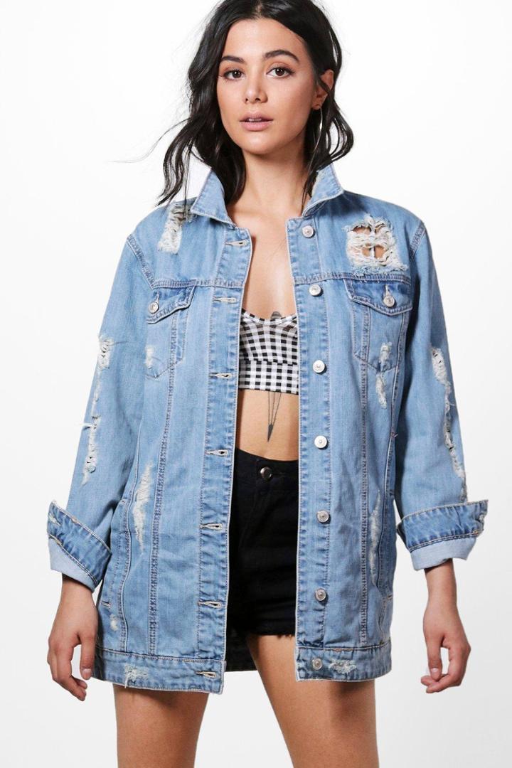 Boohoo Hannah Distressed Longline Jean Jacket Blue