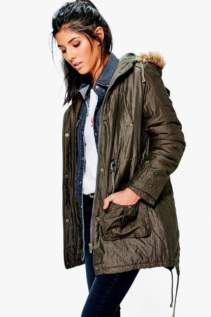 Boohoo Heidi Fishtail Parka With Fixed Faux Fur Trim Khaki