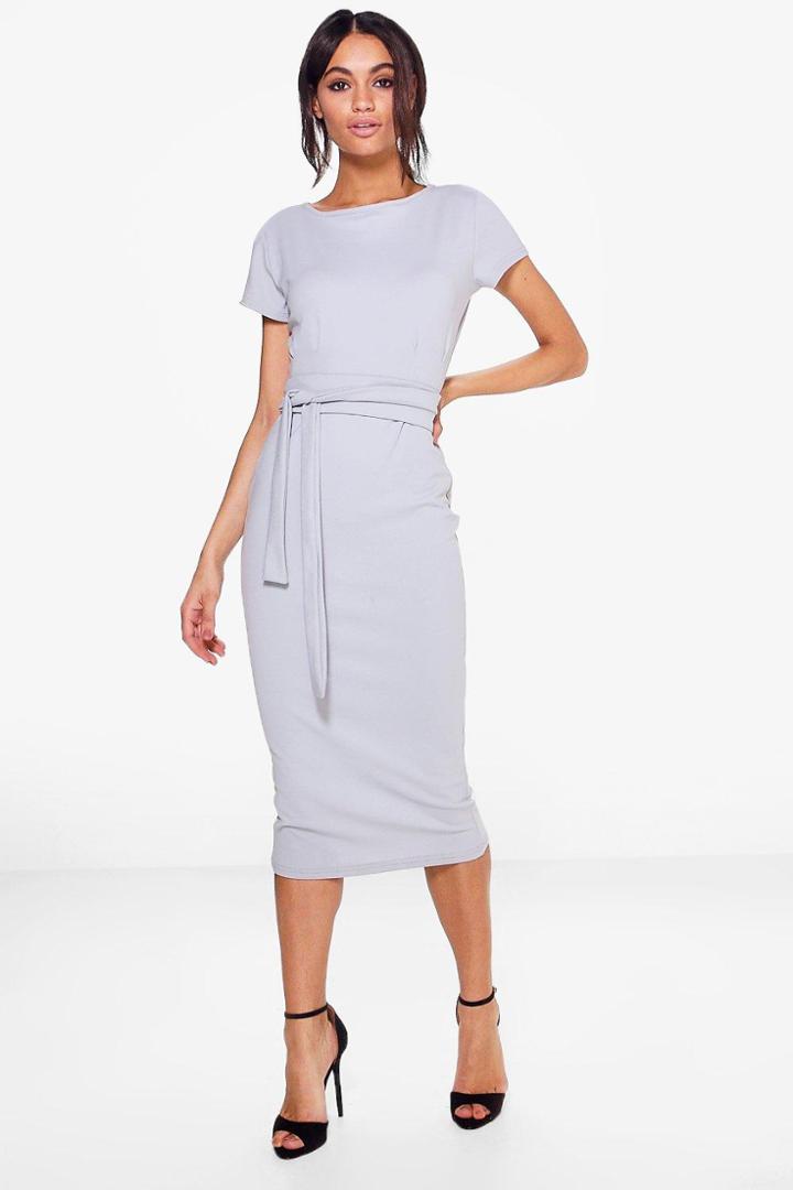 Boohoo Tall Persia Belted Premium Midi Dress Grey