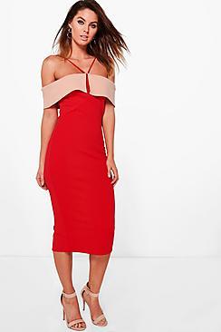 Boohoo Finola Contrast Fold Over Detail Midi Dress