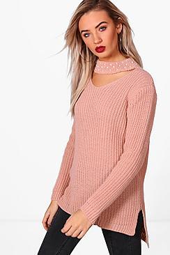 Boohoo Una Pearl Embellished Choker Jumper