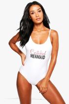 Boohoo Thira Certified Mermaid Slogan Scoop Bathing Suit White
