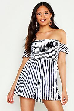 Boohoo Tall Stripe Shirred Tie Sleeve Playsuit