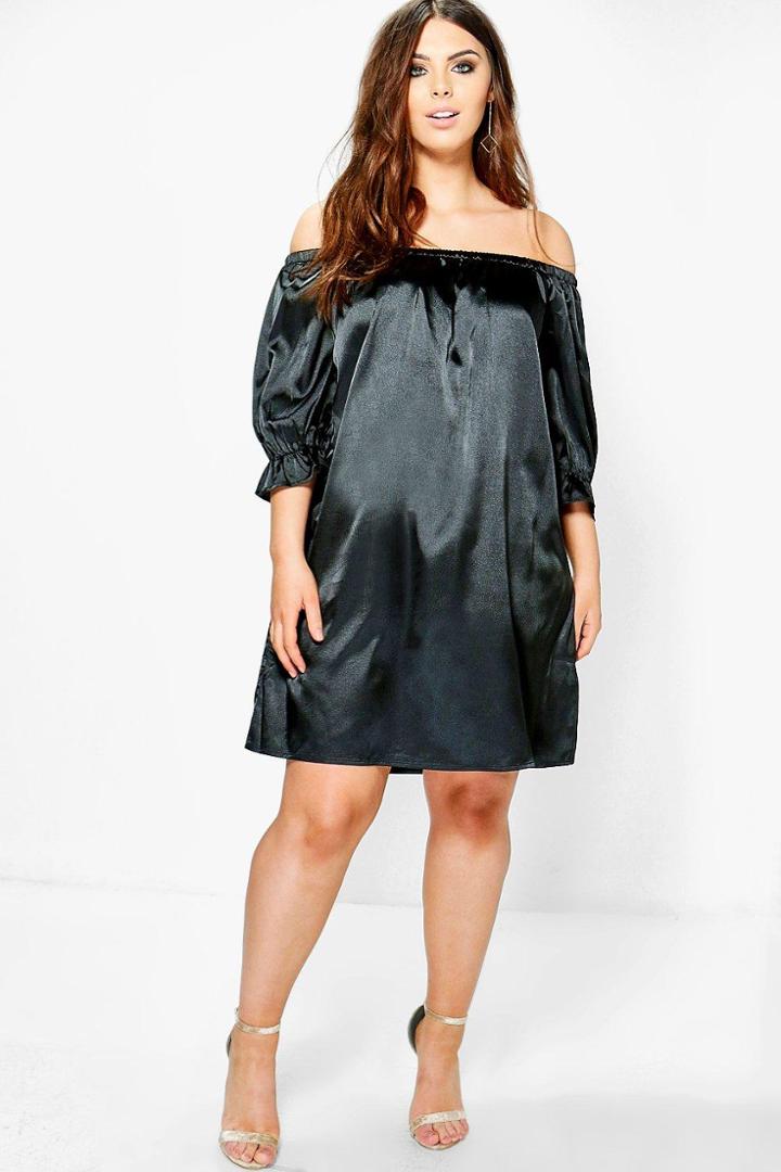 Boohoo Plus Mia Satin Off The Shoulder Dress Black