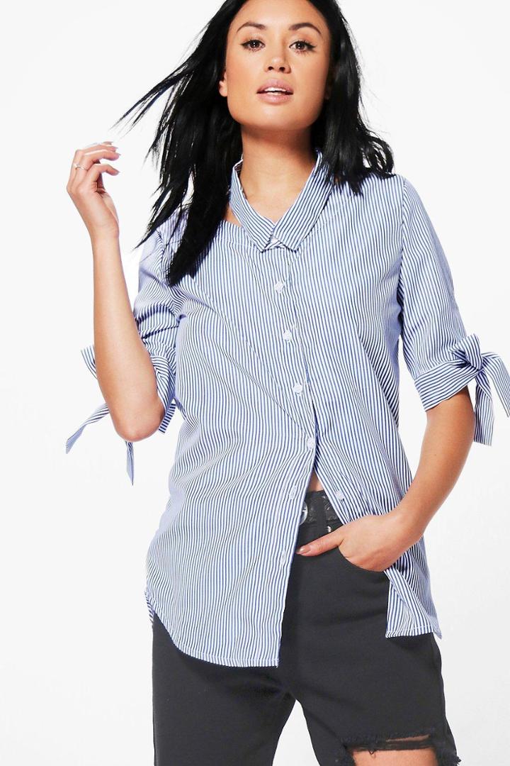 Boohoo Libby Stripe Cut Out Collar Shirt Blue