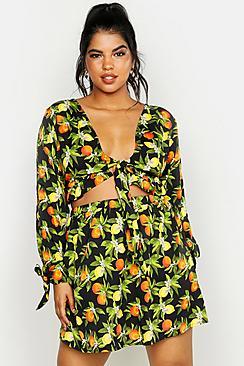 Boohoo Plus Lemon Fruit Print Tie Top And Flippy Skirt Co-ord