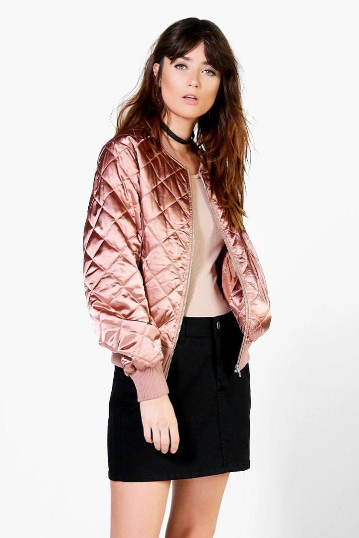Boohoo Olivia Quilted Satin Bomber Bronze
