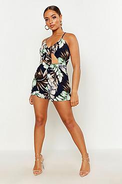 Boohoo Knot Front Palm Print Playsuit