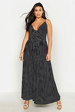 Boohoo Plus Polka Dot Strappy Knot Front Maxi Dress
