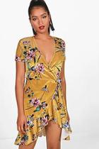 Boohoo Piper Floral Velvet Wrap Tea Dress