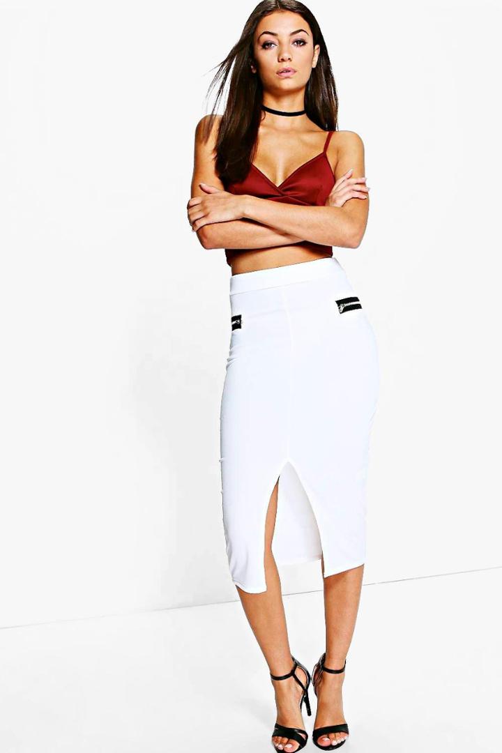 Boohoo Tall Lucy Double Zip Texture Midi Skirt Cream