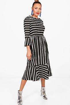 Boohoo Clarissa Stripe Ruffle Hem Midi Skater Dress