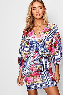 Boohoo Maya Printed Off Shoulder Wrap Bodycon Dress