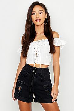 Boohoo Petite Belted Distressed Denim Short