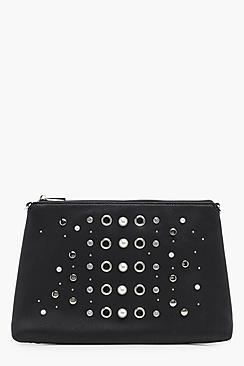 Boohoo Maisy Pearl And Eyelet Zip Top Clutch