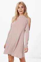 Boohoo Zoe Cold Shoulder Funnel Neck Knitted Dress Stone