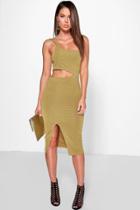 Boohoo Freyja One Strap Cut Out Waist Split Midi Dress Olive