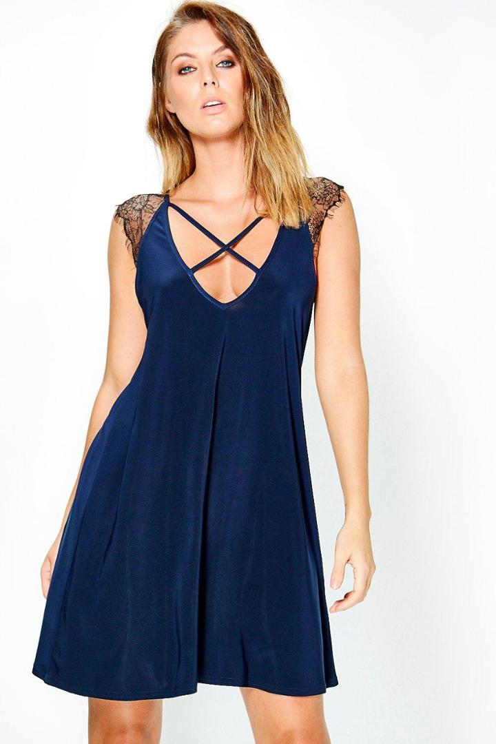 Boohoo Eliana Strappy Lace Detail Shift Dress Navy