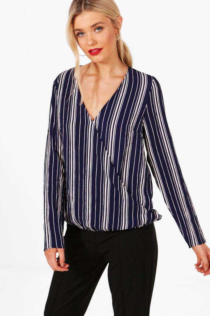 Boohoo Hannah Stripe Wrap Front Shirt Navy