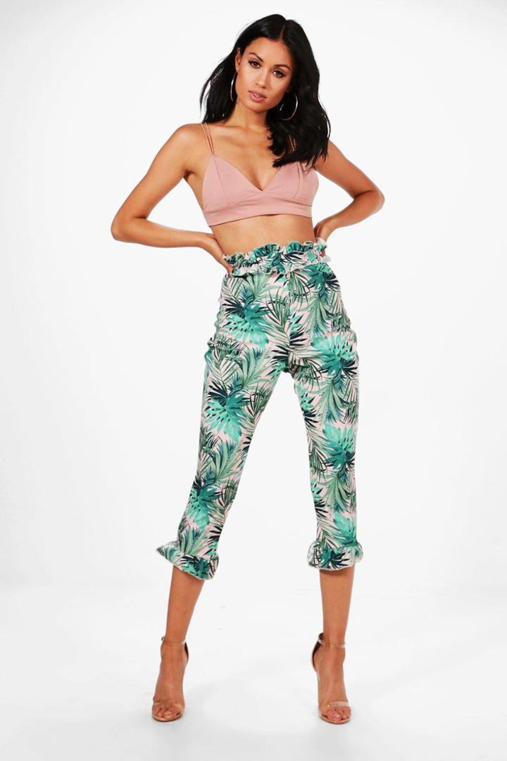 Boohoo Yasmina Palm Print Ruffle Waist & Hem Trousers Pink