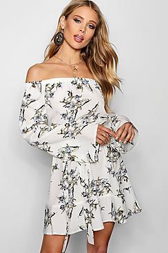 Boohoo Imani Off The Shoulder Frill Hem Floral Dress