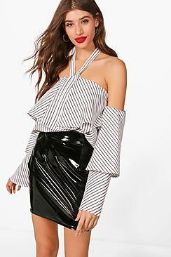Boohoo Tie Neck Ruffle Bardot Top