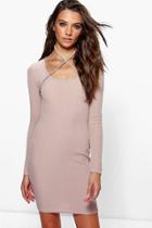 Boohoo Sienneh Cross Neck Strap Ribbed Bodycon Dress Sand