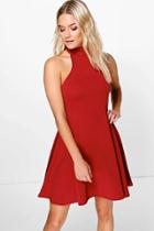 Boohoo Tina High Neck Scuba Skatr Dress Ruby