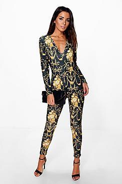 Boohoo Ida Deep Plunge Baroque Print Skinny Jumpsuit