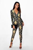 Boohoo Ida Deep Plunge Baroque Print Skinny Jumpsuit